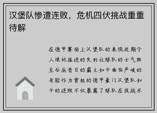 汉堡队惨遭连败，危机四伏挑战重重待解