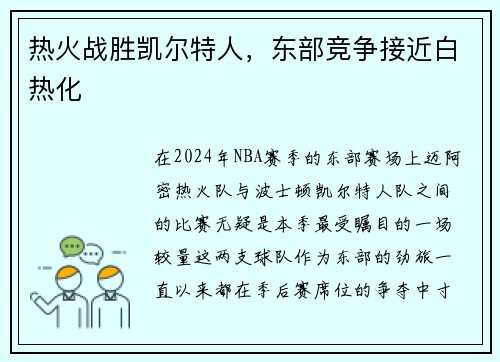 热火战胜凯尔特人，东部竞争接近白热化