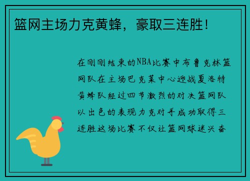 篮网主场力克黄蜂，豪取三连胜！